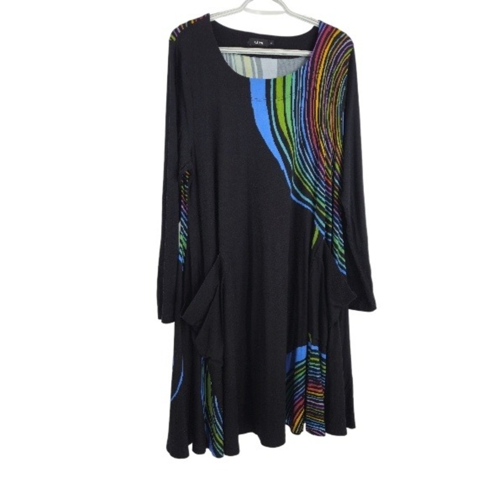 Ralston Tunic Dress Black Rainbow Swirl Striped Oversized Pocket Lagenlook Sz L